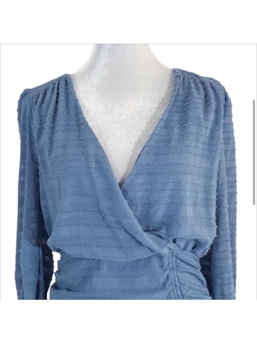 STYLE RACK Summer Sky Dusty Blue V-Neck Ruched Long-Sleeve Mini Dress - Picture 5 of 8